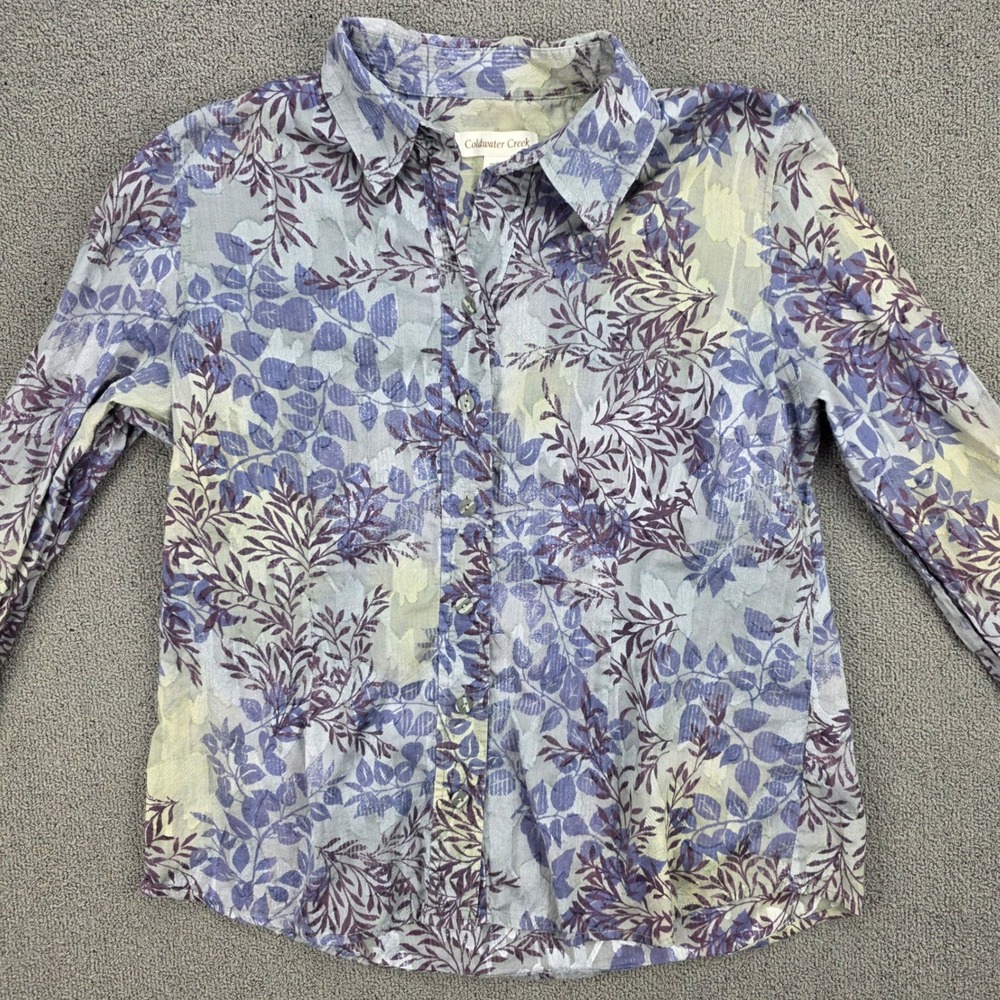 Coldwater Creek Floral Burnout Button Up Women Purple Blue Cotton Blouse PM